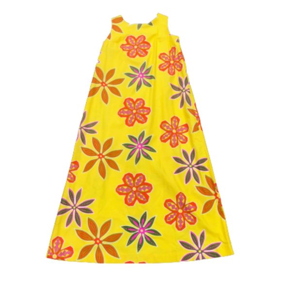 Vintage 50s/60s Hoaloha Hawaiian Barkcloth Yellow Floral Maxi Tiki Dress XS/S - Picture 10 of 14